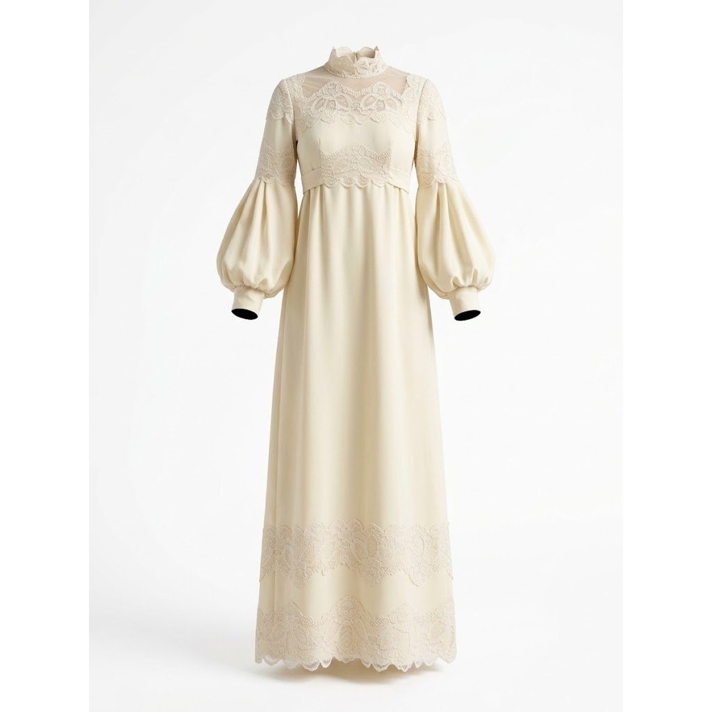Vintage Maxi Dress Womens Ivory Lace Empire Waist High Neck Prairie Gown